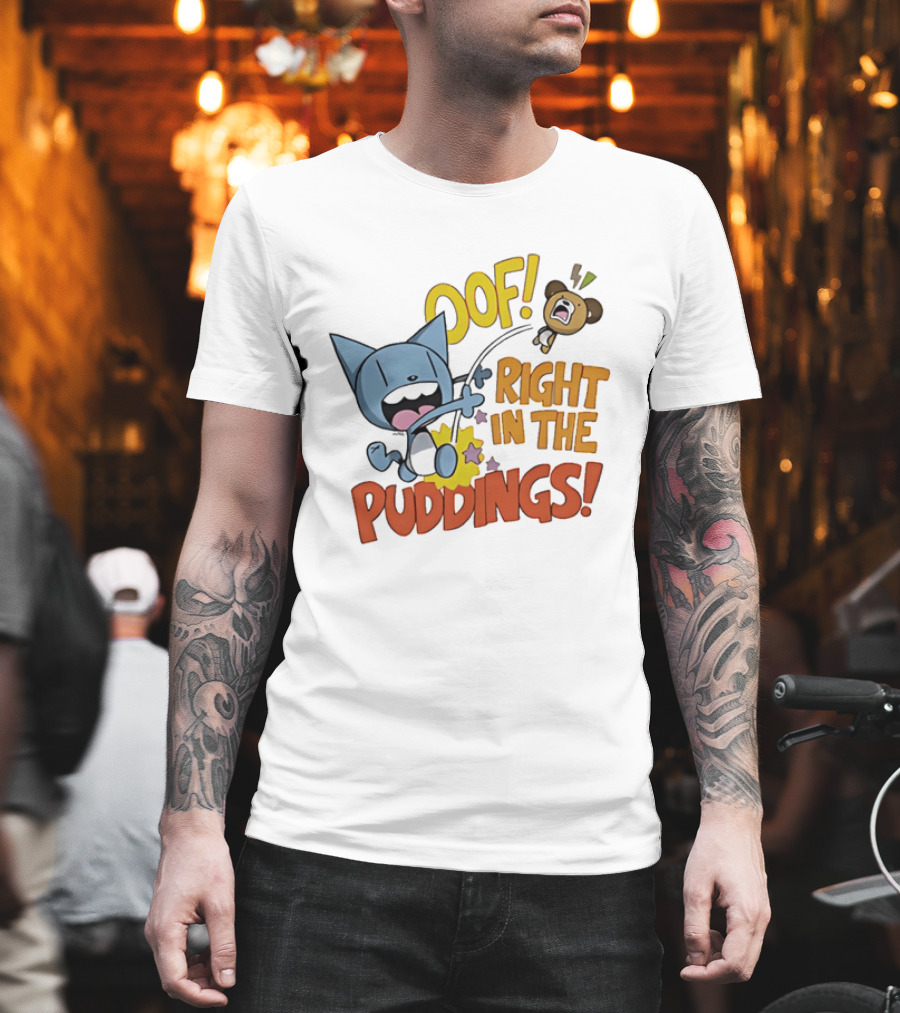 Looshkin Oof Right In The Puddings Funny Cat And Bear Cartoon Humor T-Shirt