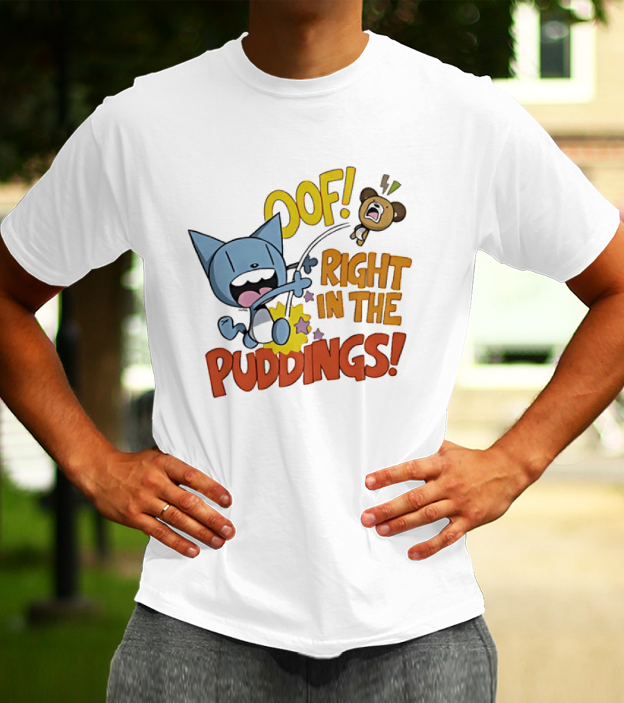 Looshkin Oof Right In The Puddings Funny Cat And Bear Cartoon Humor T-Shirt
