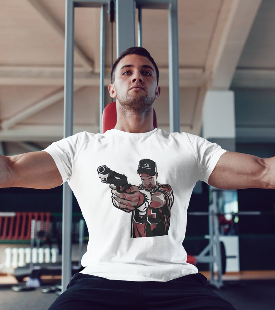 Man Pointing Gun Graphic With Number 89 And Hat Logo Codestructor T-Shirt
