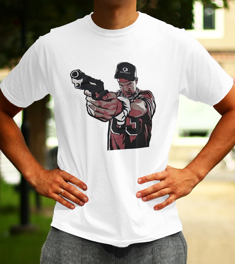 Man Pointing Gun Graphic With Number 89 And Hat Logo Codestructor T-Shirt