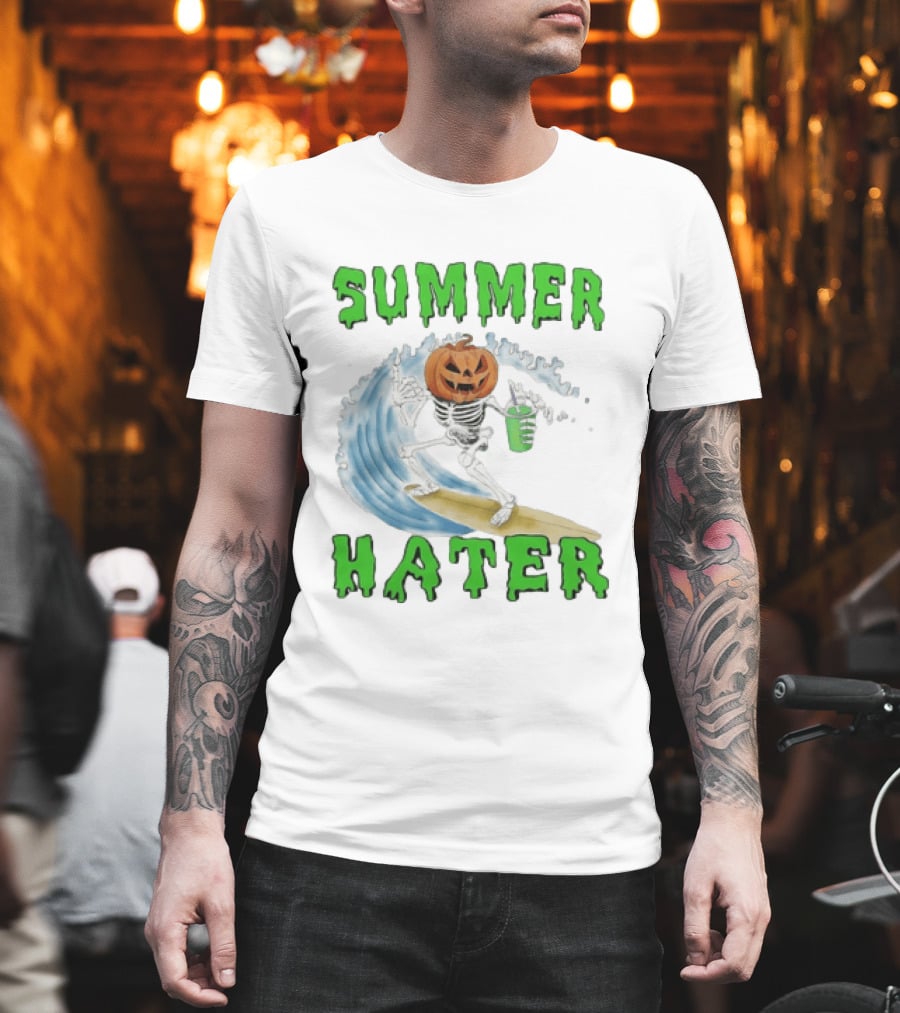 Skeleton With Pumpkin Head Surfing Wave Summer Hater T-Shirt