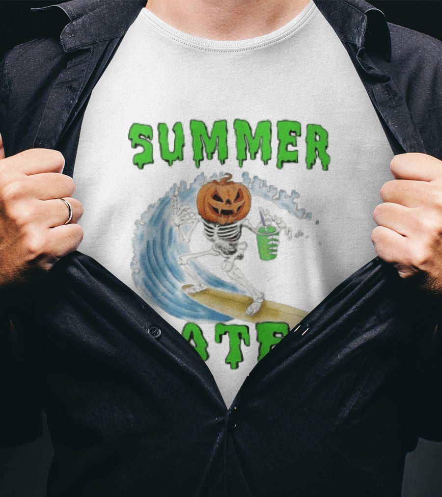 Skeleton With Pumpkin Head Surfing Wave Summer Hater T-Shirt
