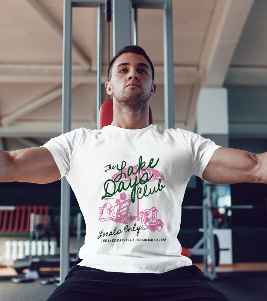 The Lake Days Club Locals Only Established 1999 Umbrella Chair Beach Pink T-Shirt