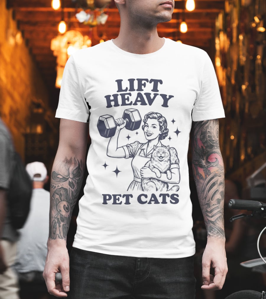 Lift Heavy Pet Cats Strong Woman Fitness Workout Retro Dumbbell T-Shirt