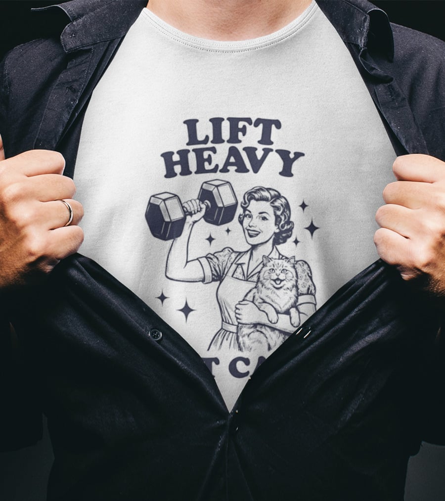 Lift Heavy Pet Cats Strong Woman Fitness Workout Retro Dumbbell T-Shirt