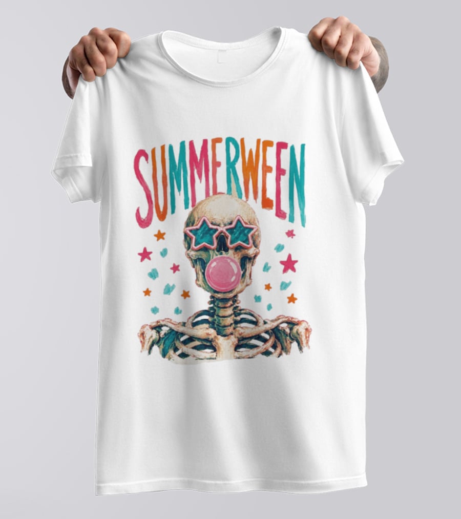 Summerween Skeleton Bubblegum Skull With Star Sunglasses T-Shirt