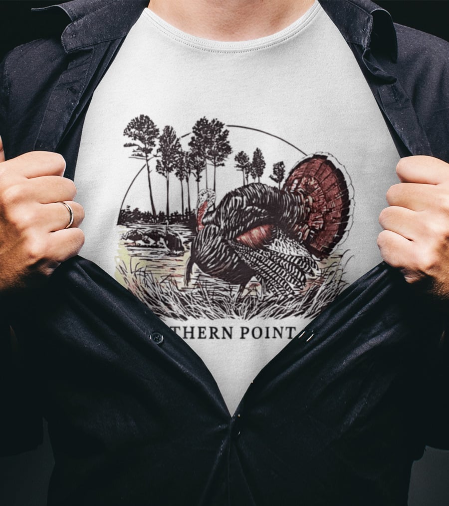 Southern Point Co. Turkey Strutting In The Field With Pine Trees And Horizon Scene T-Shirt