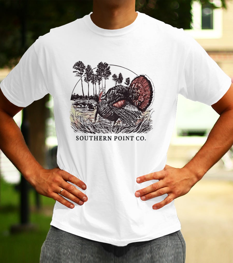 Southern Point Co. Turkey Strutting In The Field With Pine Trees And Horizon Scene T-Shirt