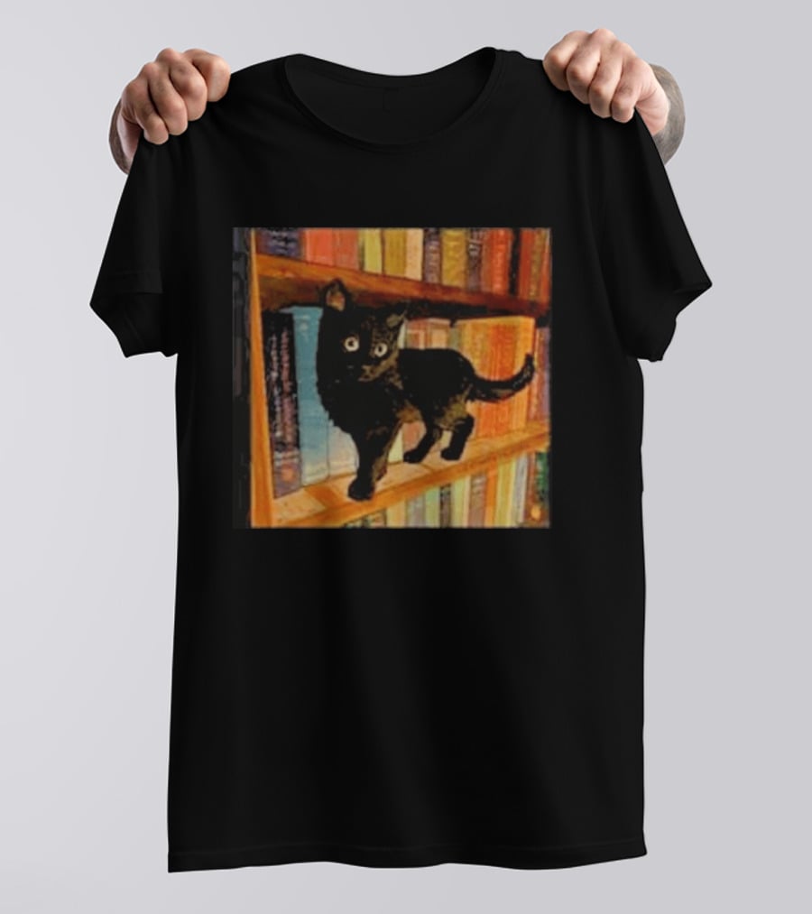 Black Cat On Bookshelf With Colorful Books T-Shirt