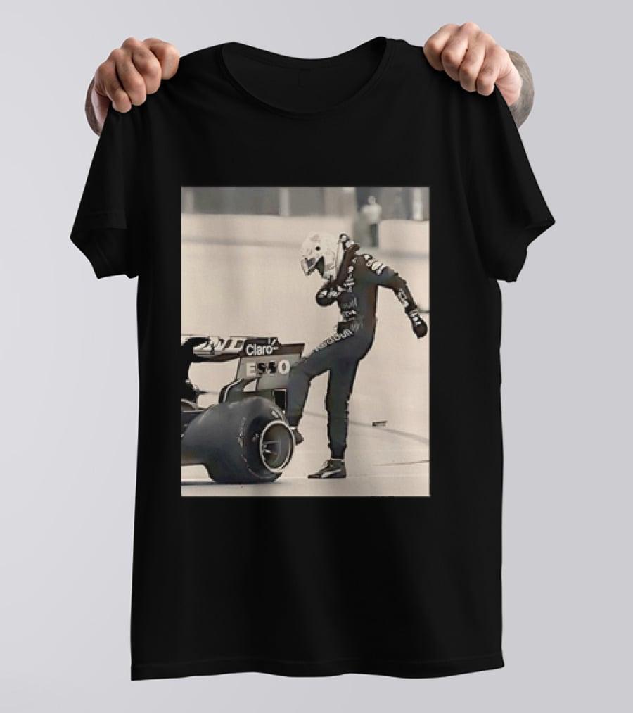 Max Verstappen Kicks Racing Tire Trackside In Racing Suit T-Shirt