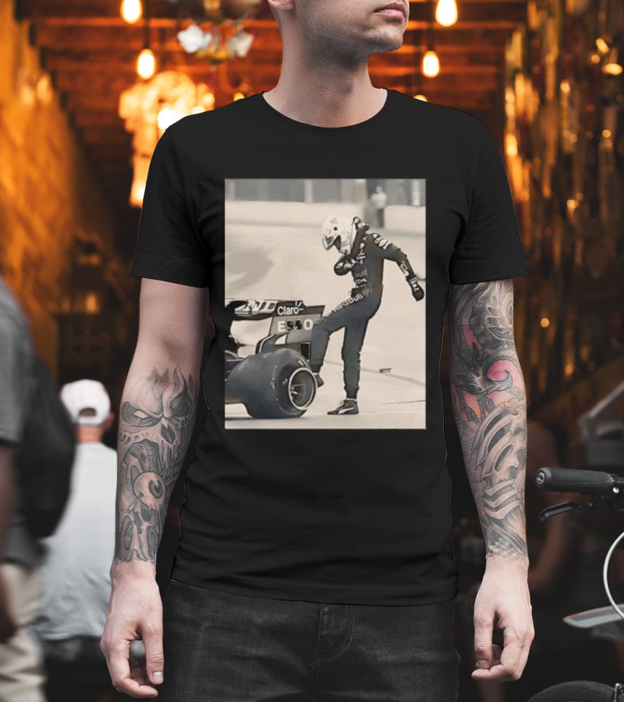 Max Verstappen Kicks Racing Tire Trackside In Racing Suit T-Shirt