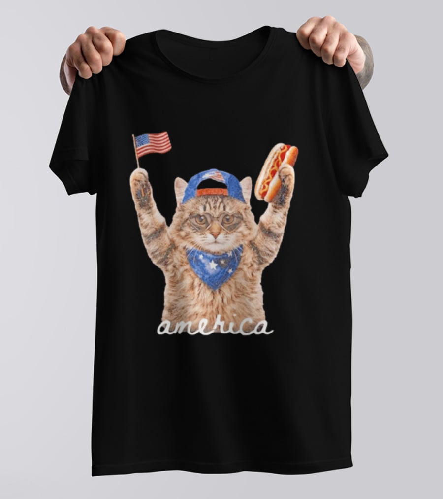 Patriotic Cat American Flag Hot Dog America Fourth Of July Celebration T-Shirt
