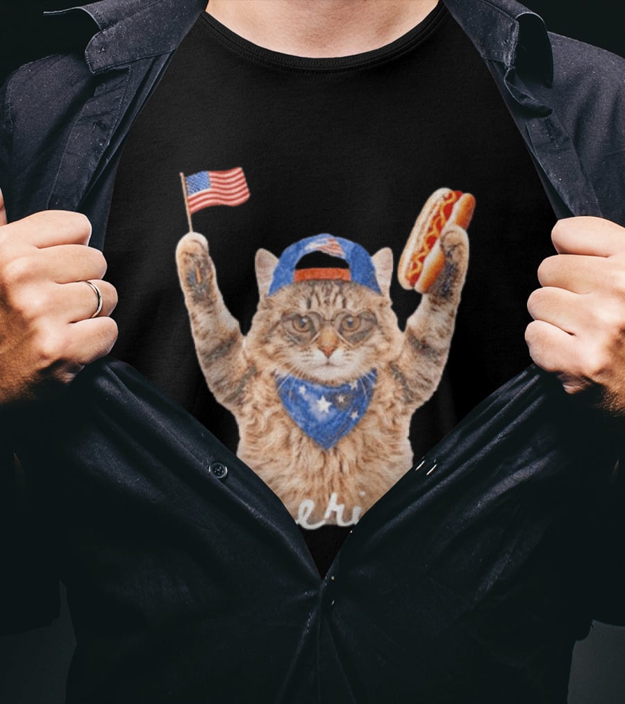 Patriotic Cat American Flag Hot Dog America Fourth Of July Celebration T-Shirt