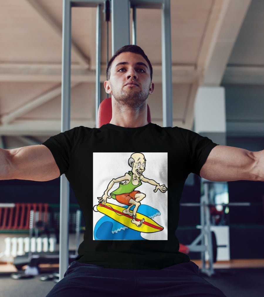 Retired Man Surfing Funny Cartoon Boomer On Yellow Board With Blue Waves T-Shirt
