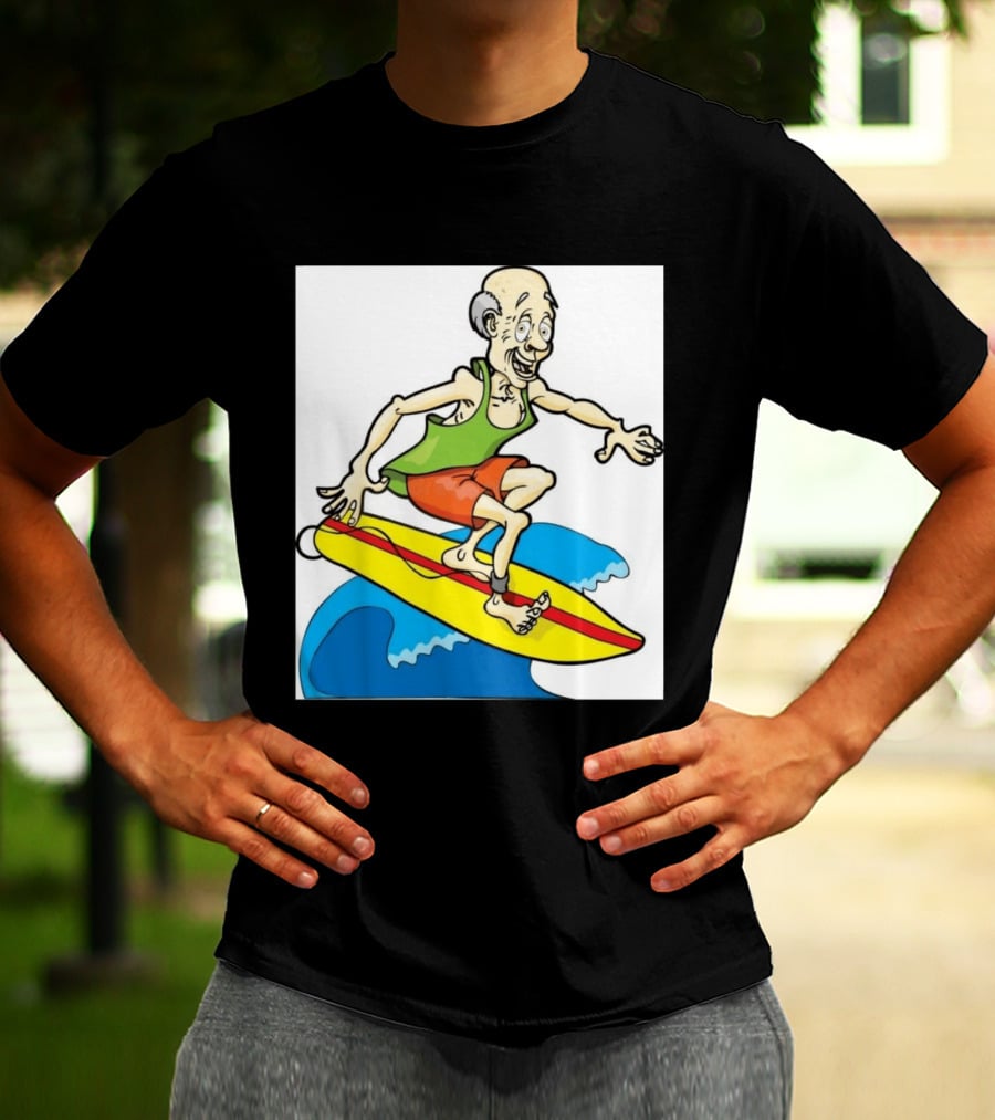 Retired Man Surfing Funny Cartoon Boomer On Yellow Board With Blue Waves T-Shirt