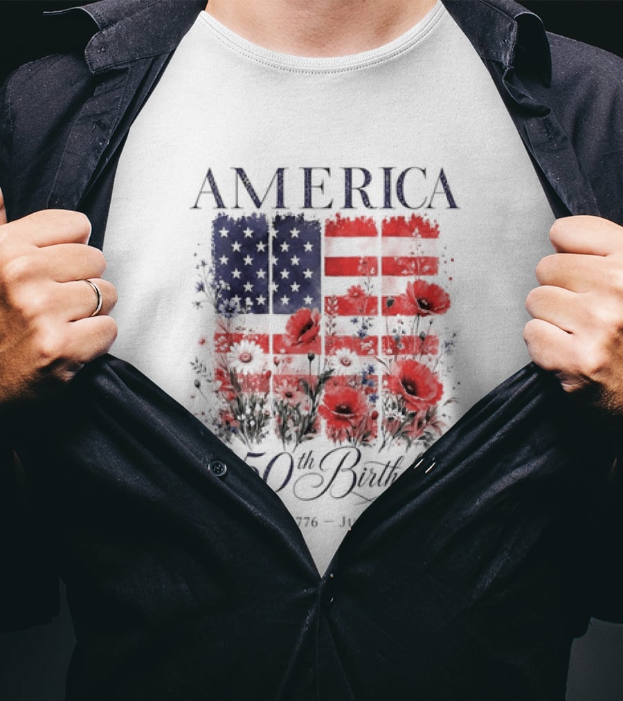 America 250th Birthday July 4 1776 2026 Floral Flag T-Shirt