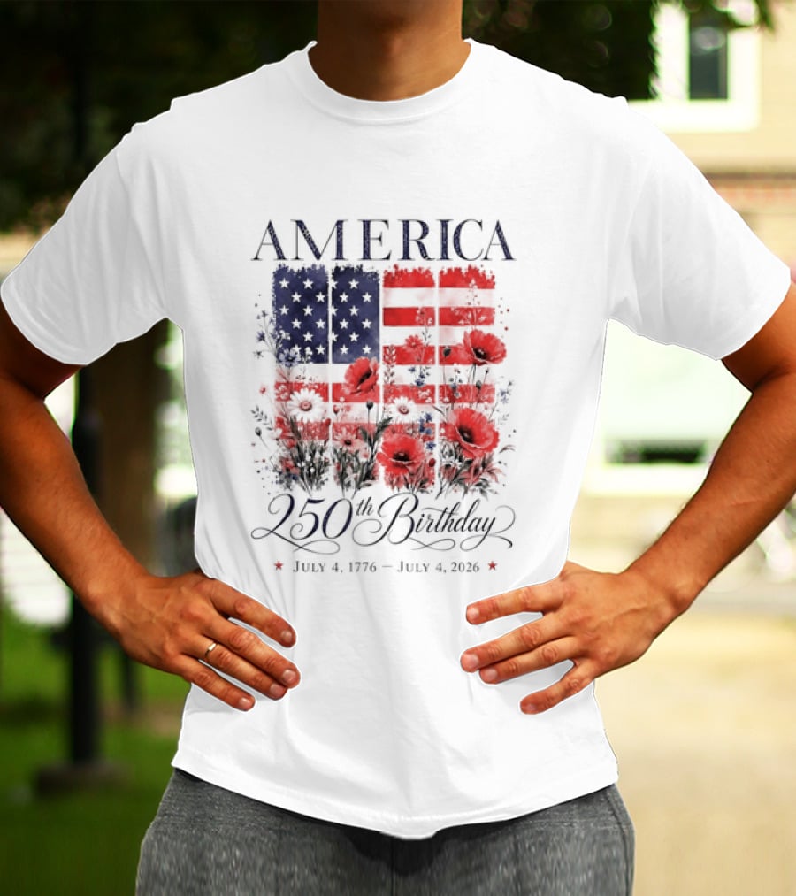 America 250th Birthday July 4 1776 2026 Floral Flag T-Shirt