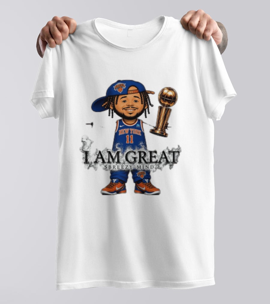 New York Knicks Jalen Brunson I Am Great Big Head Stick Hand Trophy T-Shirt