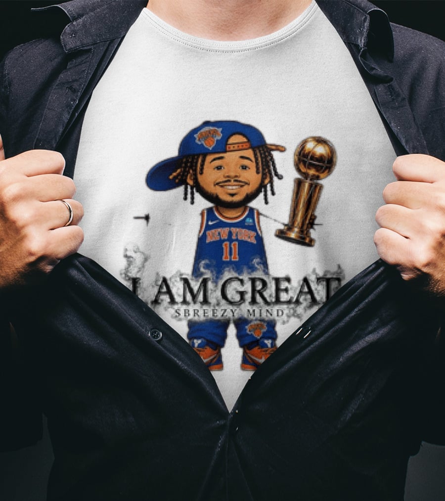 New York Knicks Jalen Brunson I Am Great Big Head Stick Hand Trophy T-Shirt