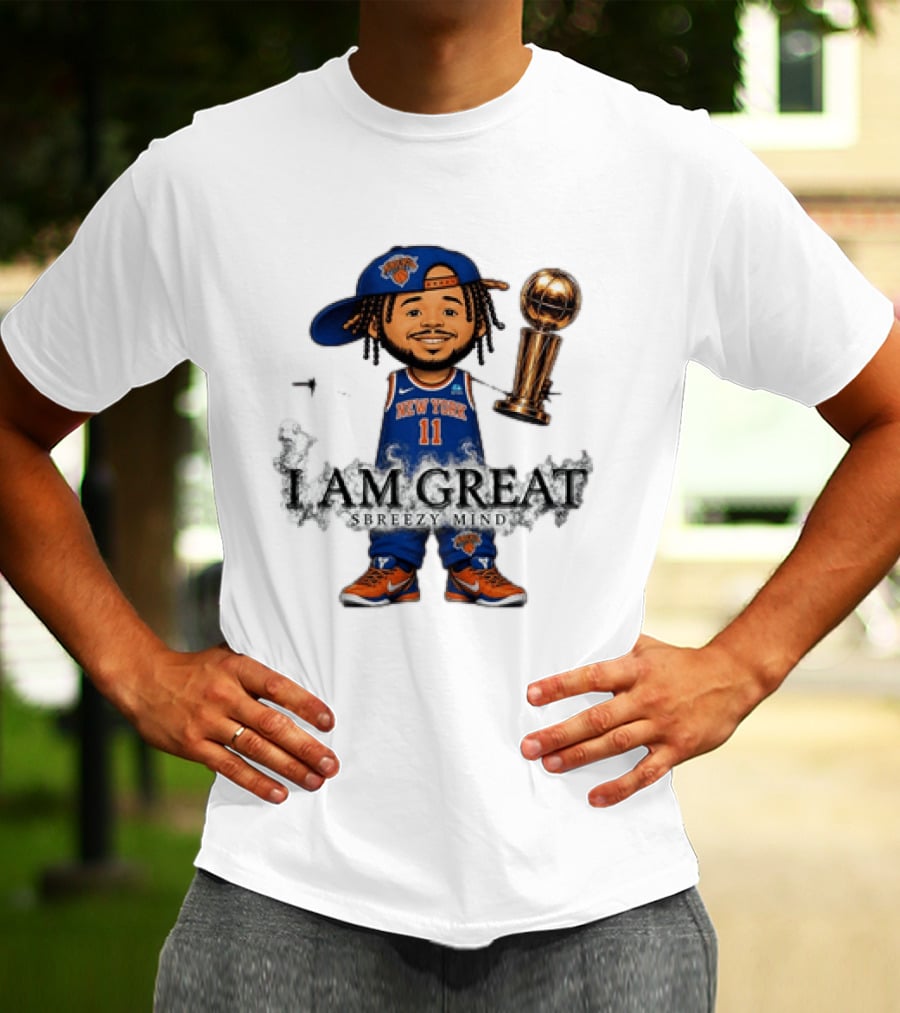New York Knicks Jalen Brunson I Am Great Big Head Stick Hand Trophy T-Shirt
