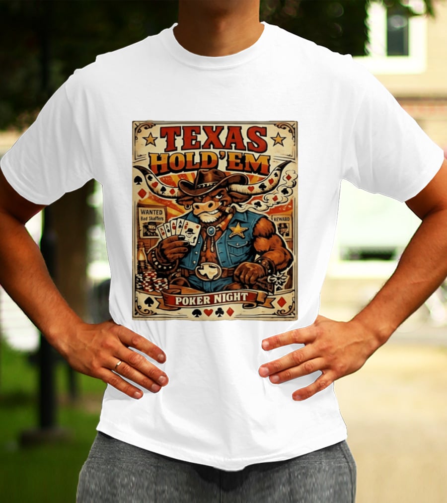 Texas Hold'em Poker Night Cowboy Bull Playing Cards Wanted Bad Skaffers T-Shirt