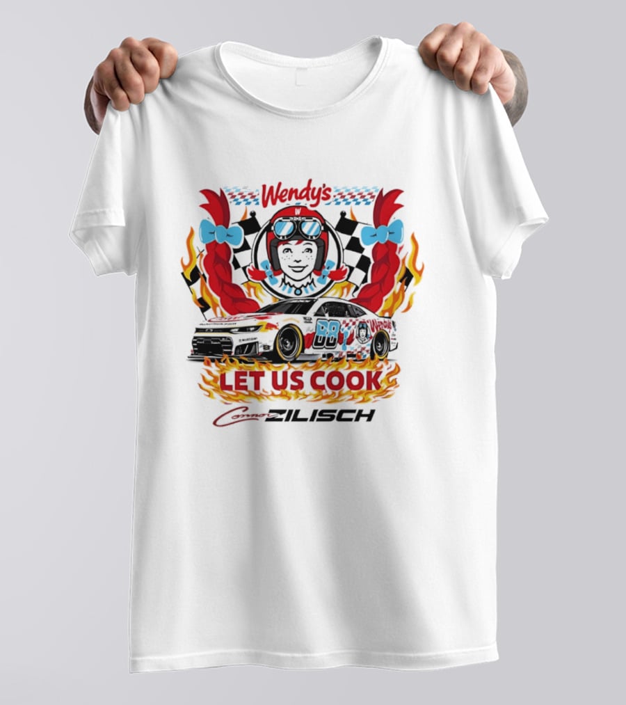 Wendy's Let Us Cook Connor Zilisch Racing Car Flames And Checkered Flag T-Shirt