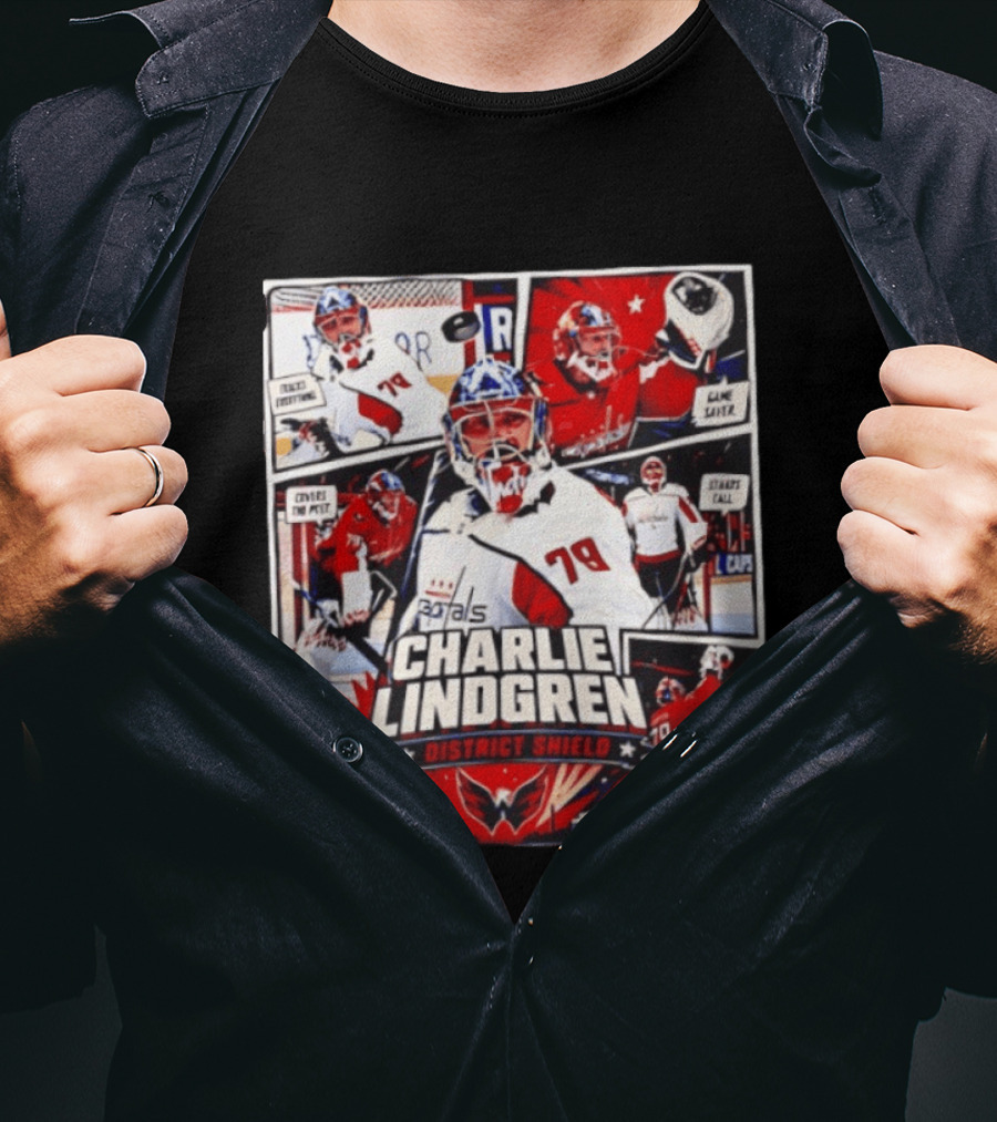 Charlie Lindgren Capitals District Shield Comic Style Hockey Action T-Shirt