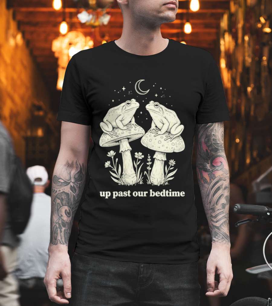 Two Frogs On Mushrooms Up Past Our Bedtime Night Sky Moon Stars T-Shirt