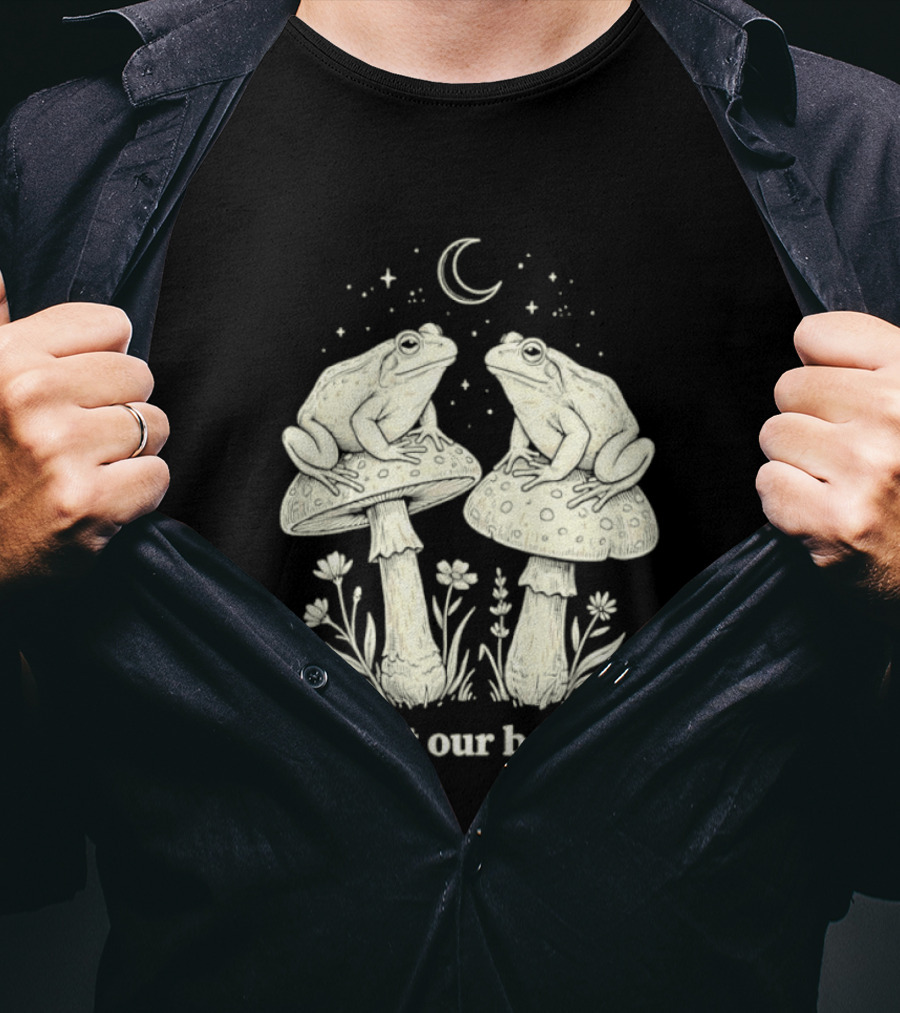 Two Frogs On Mushrooms Up Past Our Bedtime Night Sky Moon Stars T-Shirt