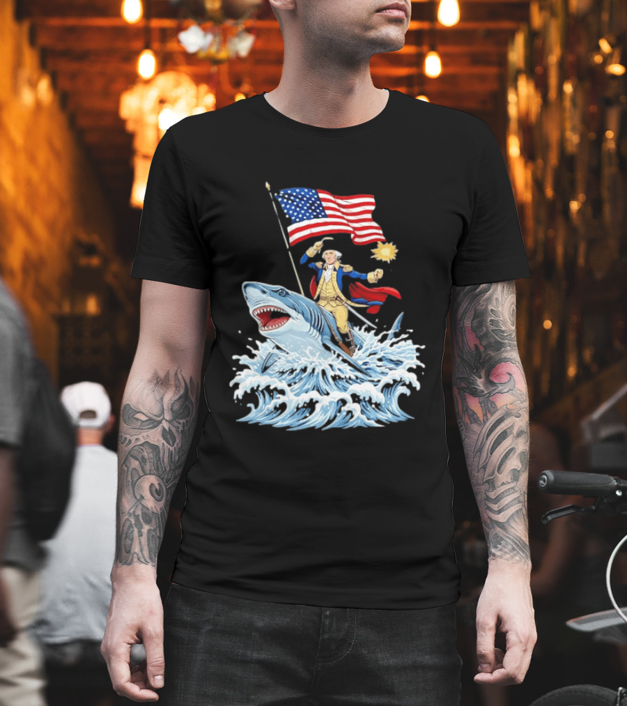 Shark Riding George Washington With American Flag Patriotic 4th Of July T-Shirt