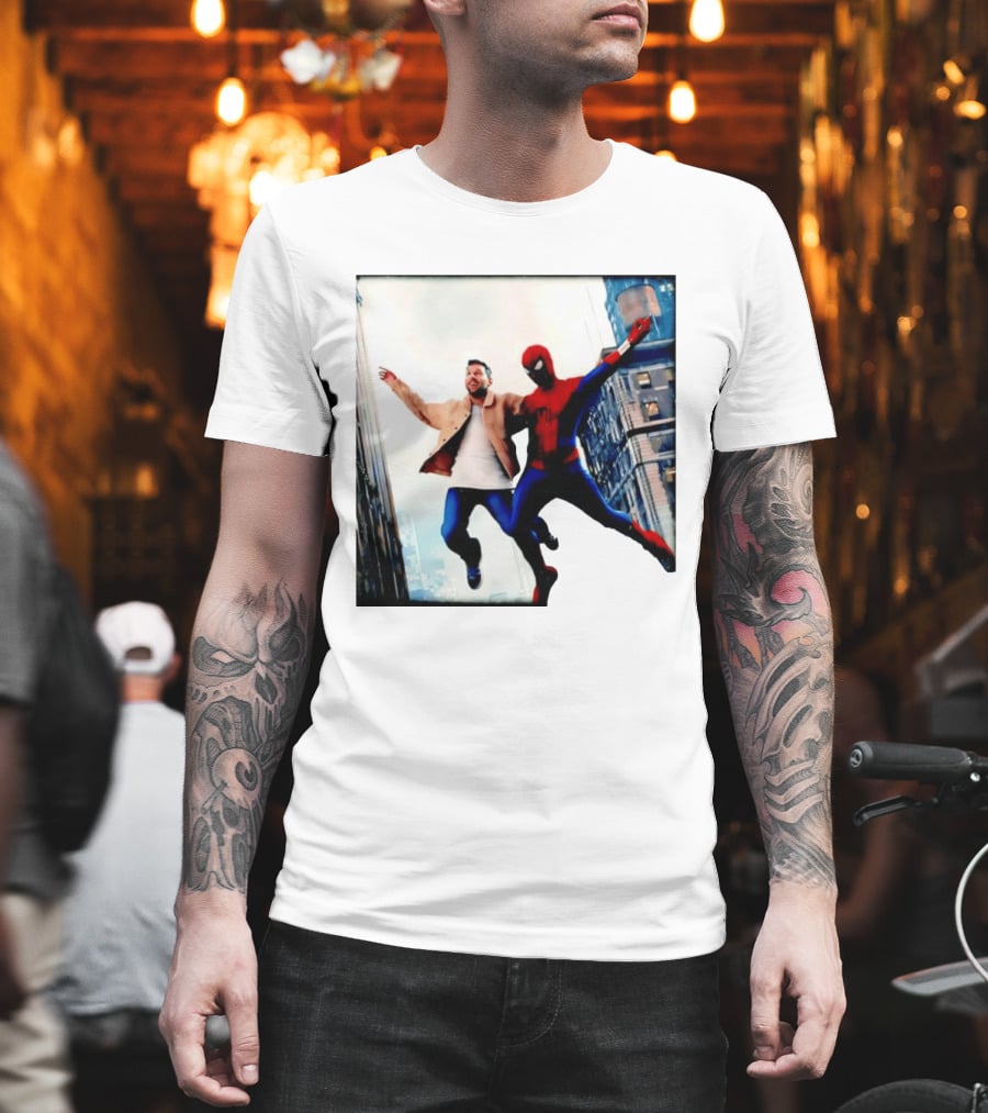 Lionel Messi And Spider Man Jump In City Marvel Cinematic Universe T-Shirt