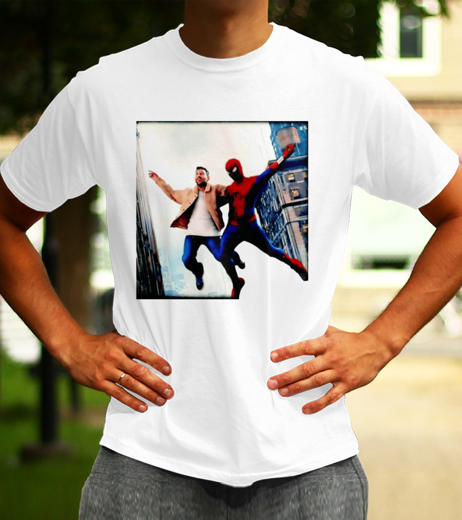 Lionel Messi And Spider Man Jump In City Marvel Cinematic Universe T-Shirt