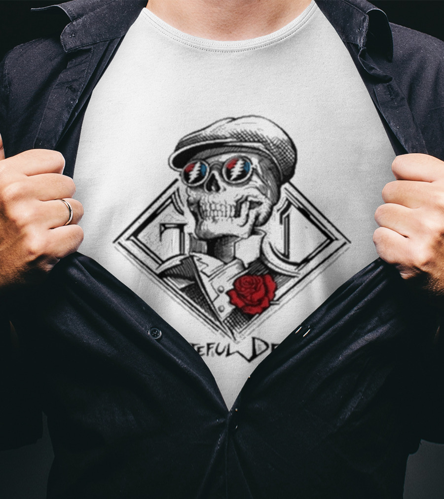 Grateful Dead Derby Skeleton With Rose And Cap T-Shirt