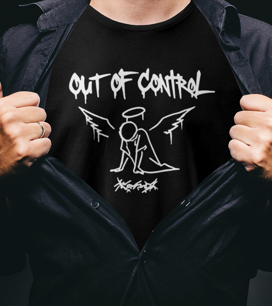 Out Of Control Angel Cowering Scribble White Outline Halo Wings T-Shirt