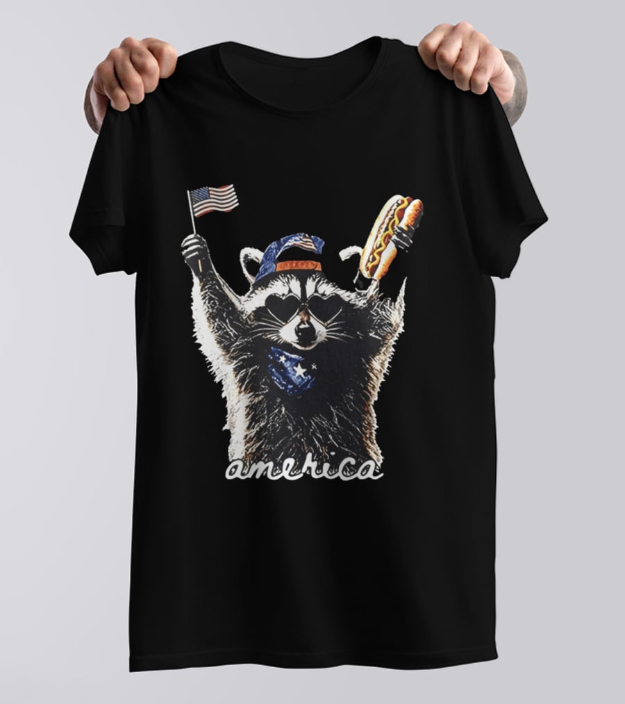 Raccoon Holding Hot Dog And Flag America 4th Of July Celebration T-Shirt