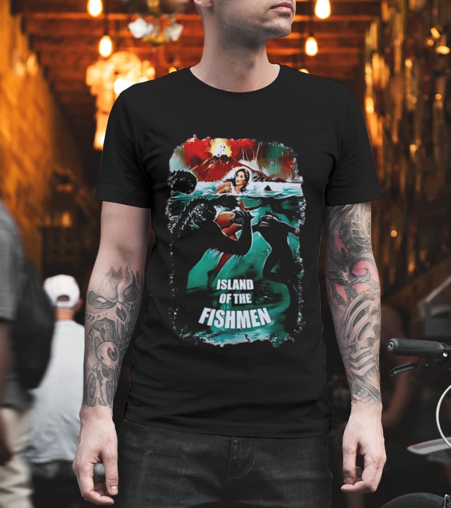 Island Of The Fishmen Vintage Movie Scene With Sea Monsters And Volcano T-Shirt
