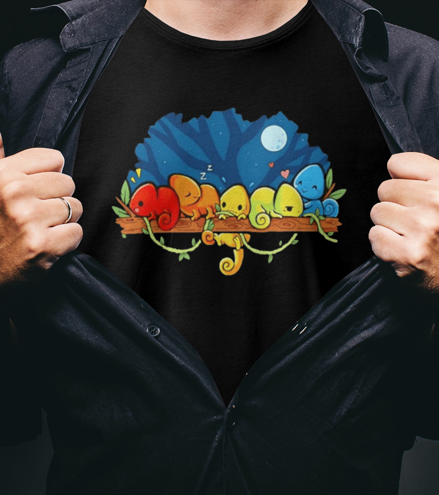 Colorful Chameleons Sitting On A Tree Branch Under Night Sky With Moon And Hearts T-Shirt