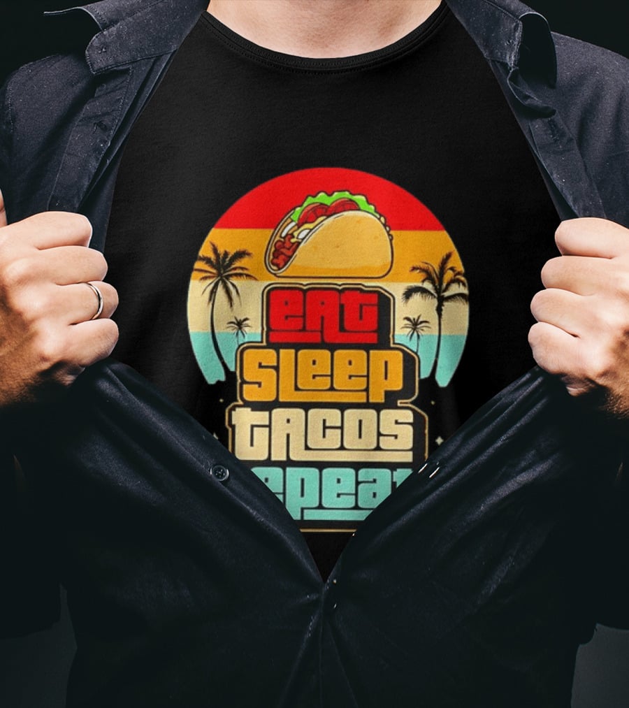 Eat Sleep Tacos Repeat Gaming Retro Sunset Palm Trees T-Shirt