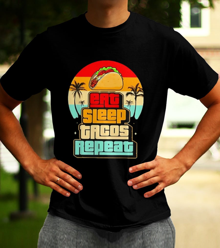 Eat Sleep Tacos Repeat Gaming Retro Sunset Palm Trees T-Shirt