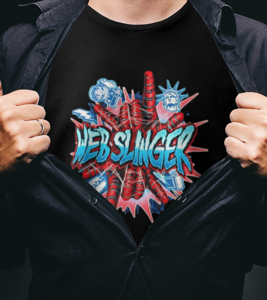 Web Slinger Camera Statue Of Liberty Sneakers Film Hot Dog T-Shirt