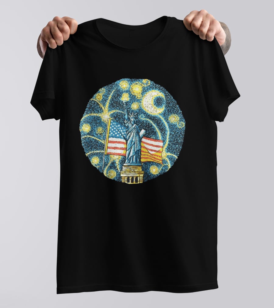 Statue Of Liberty USA Flag Firework Starry Night T-Shirt