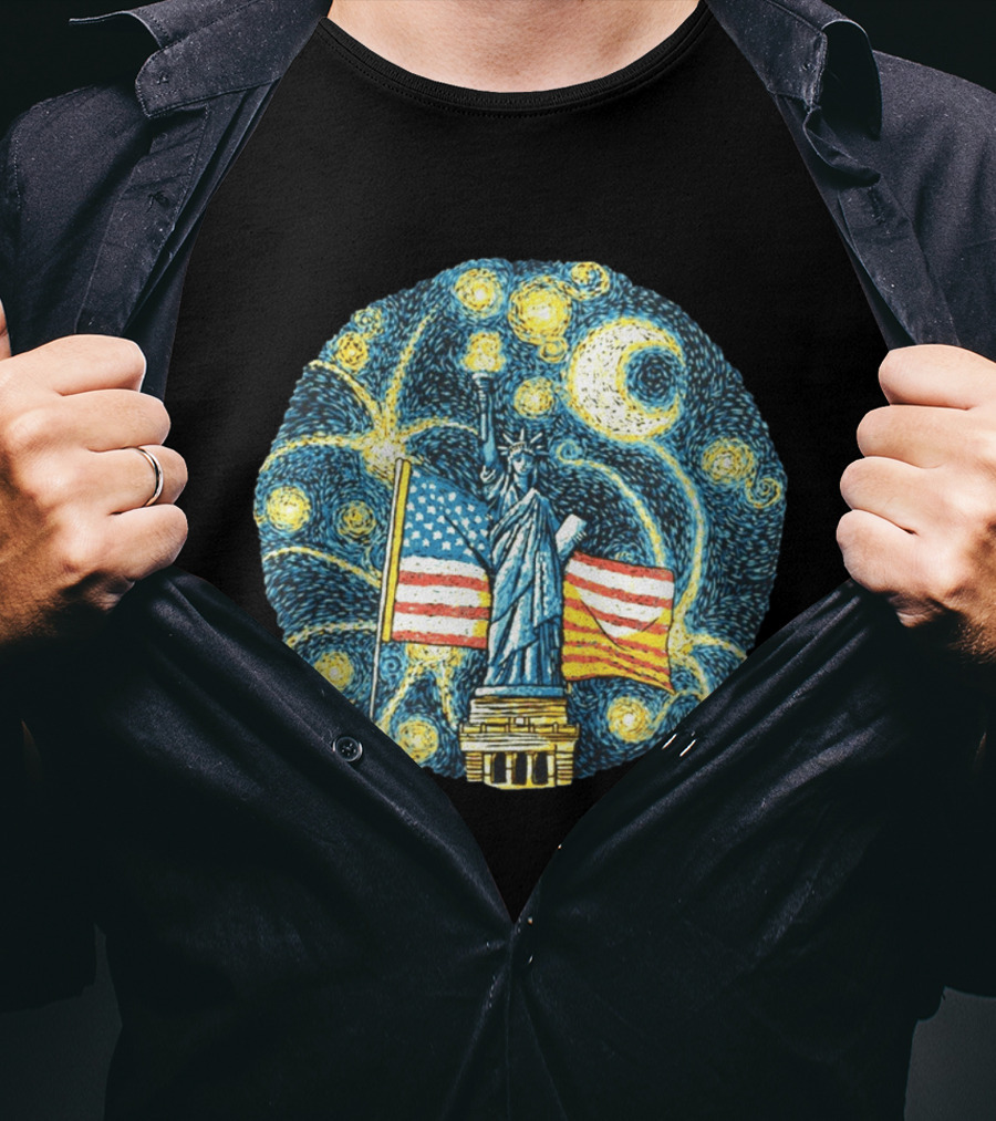 Statue Of Liberty USA Flag Firework Starry Night T-Shirt