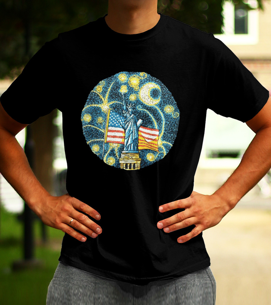 Statue Of Liberty USA Flag Firework Starry Night T-Shirt