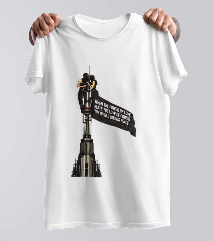 Angela Nikolau And Ivan Beerkus Love And Peace Flag On Empire State Building T-Shirt