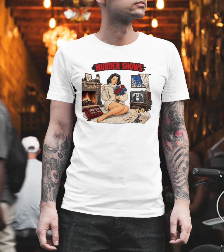 Murder Shows Cozy Creepy Mystery Scene With Fire, Roses, And Vintage TV T-Shirt