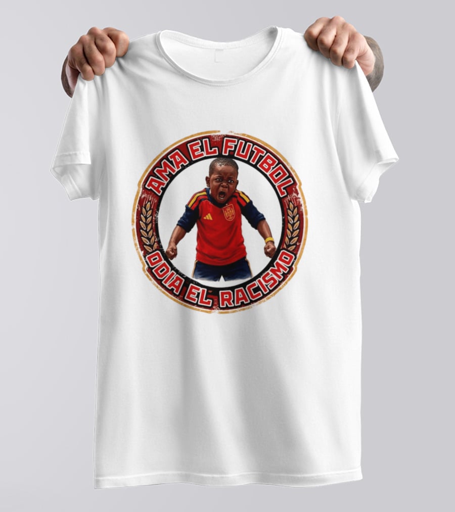 Ama El Futbol Odia El Racismo Niño Con Camiseta Roja Y Azul T-Shirt