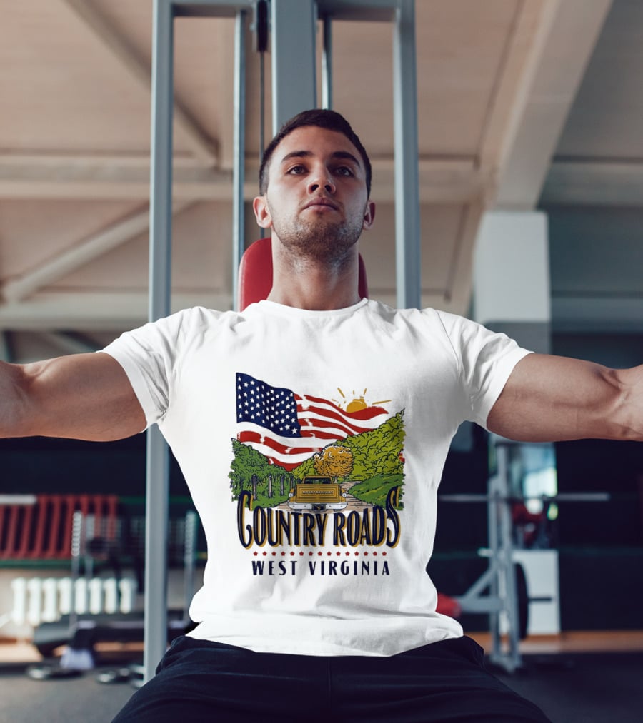 Country Roads West Virginia American USA Flag Vintage Truck Scenic Route T-Shirt