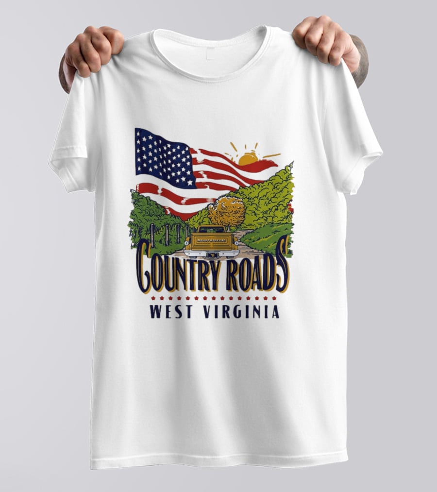 Country Roads West Virginia American USA Flag Vintage Truck Scenic Route T-Shirt
