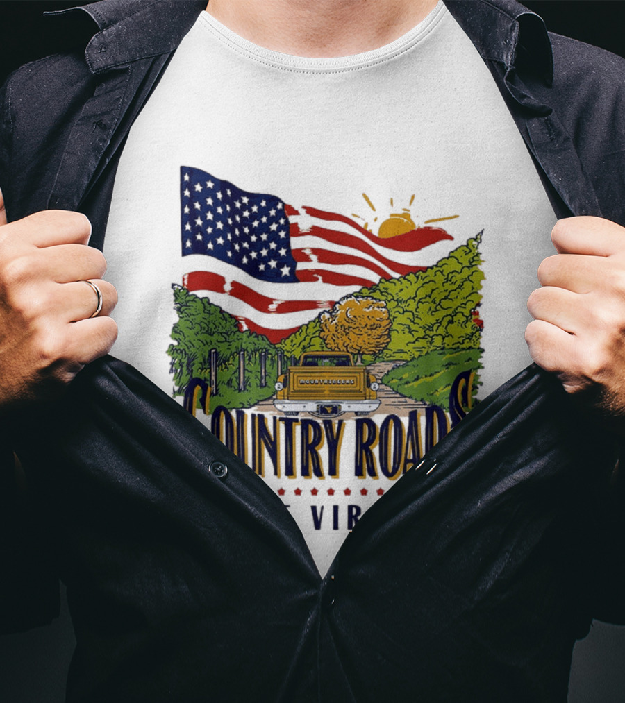 Country Roads West Virginia American USA Flag Vintage Truck Scenic Route T-Shirt