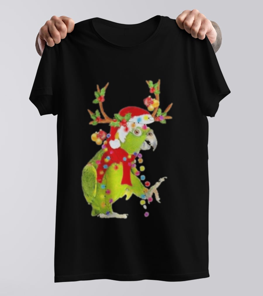 Festive Parrot Wearing Santa Hat And Reindeer Antlers T-Shirt